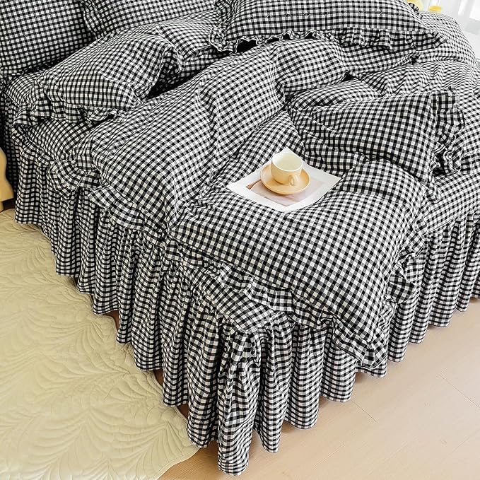 LifeTB Black Gingham Comforter Set Full Size Ruffle Plaid Checkered Pattern Comforter Farmhouse Plaid Gingham Bedding Comforter Set with 2 Pillowcases Luxury Soft Fluffy Grid Bedding Set Full Size