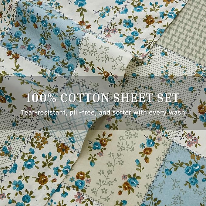 Shabby Chic Floral Patchwork Sheets Set King Size, Crisp Cooling Sheets with a Smooth Cotton Percale Lightweight Feel, 4 Pieces Luxury Soft Deep Pocket Fitted Sheet 17.5''
