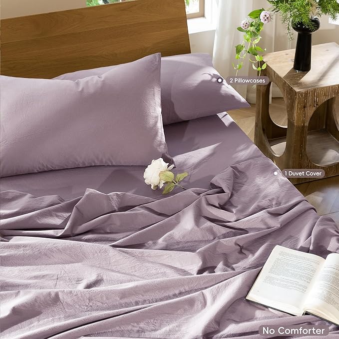 MooMee Bedding Duvet Cover Set 100% Washed Cotton Linen Like Textured Breathable Durable Soft Comfy (Solid Taro Purple, Cal King 104"x98")