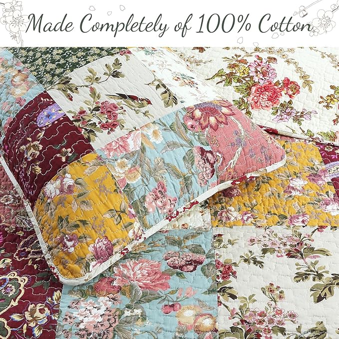 Cozy Line Home Fashions 100% Cotton Authentic Patchwork Quilt Bedding Set, Floral Vintage Antique Chic Reversible Coverlet Bedspread (Harvest, Queen - 3 Piece)