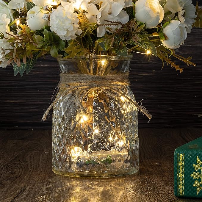 Aitificial LED White Rose Flowers with Glass Vase, Flower Arrangement for Table Centerpiece, Home Office Wedding Decoration