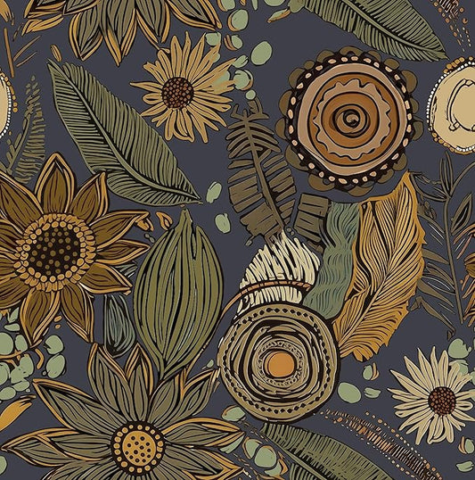 Boho Wallpaper Peel and Stick, Vintage Blue Yellow Floral Contact Paper 17.5" x 393", Botanical Flowers Antique Retro Absract Wall Paper Self Adhesive Removable Waterproof for Shelves Cabinet Table