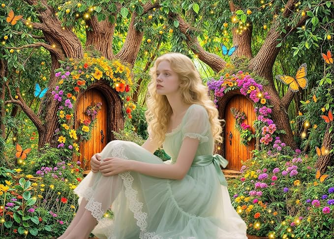 10X8ft Enchanted Forest Backdrop Fairy Tale Green Garden Wonderland Tree House Floral Butterfly Background for Kids Girl Baby Shower Birthday Party Decoration Banner Cake Table Photo Booth Props