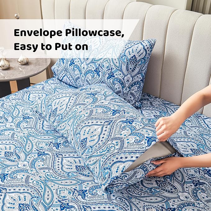 Softan Blue Twin Size Sheet Set, Paisley Printed Bed Sheets for Single Bed, 3-Piece Microfiber Fitted Sheet with 15" Deep Pocket & Non-Slip Straps, Patterned Bedding Sheets & Pillowcase Set