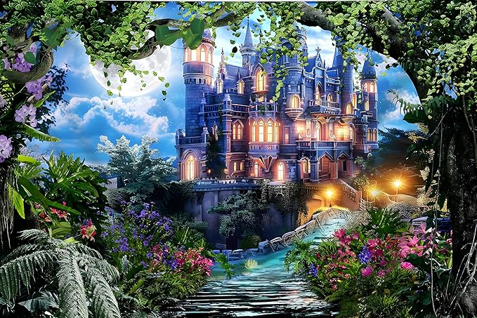 10x8ft Spring Fantasy Castle Palace Backdrop Vinyl Fairy Tale Prince Princess Flower Forest Wonderland Castle Photography Background Girl Home Decor Birthday Party Portrait Photo Props