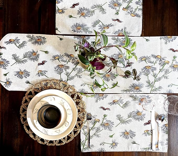 Tache 13 x 54 Floral Table Runner Yellow Daisies Ladybugs Ivory Woven - Vintage Tapestry Farmhouse Kitchen Dining Dinner Linens Cloth Small Coffee Table Runner