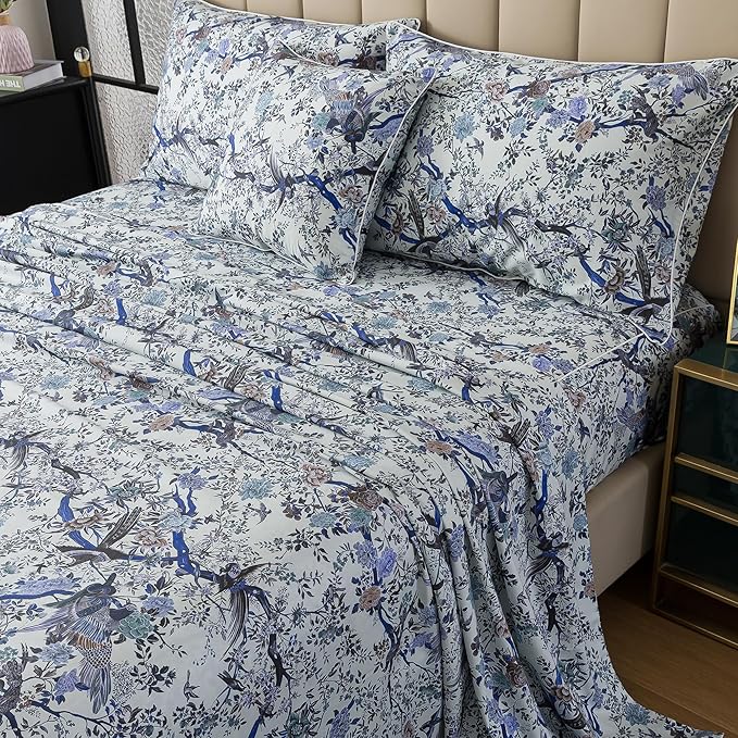 FADFAY Sheets Set Full Botanical Bird Floral Bed Sheets Set Vintage Blue Farmhouse Bedding Shabby Branches Bedding Collections 100% Egyptian Cotton Breathable Soft 17.7" Deep Pocket 4Pcs, Full Size