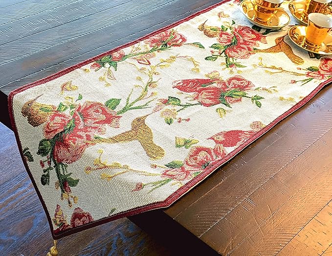 Tache Floral Red Roses Birds Ivory Woven Table Runner - Vintage Tapestry Kitchen Dining Dinner Linens Cloth - 13 x 90 inches