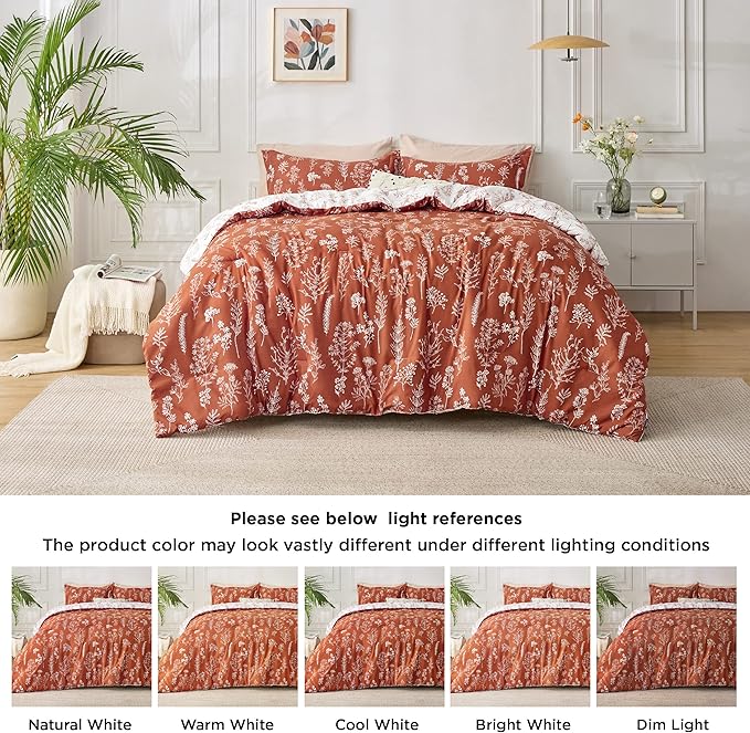 Bedsure King Comforter Set - Terracotta Bed Set, 3 Pieces Cute Floral Bedding, 1 Soft Reversible Botanical Flowers Comforter and 2 Pillow Shams