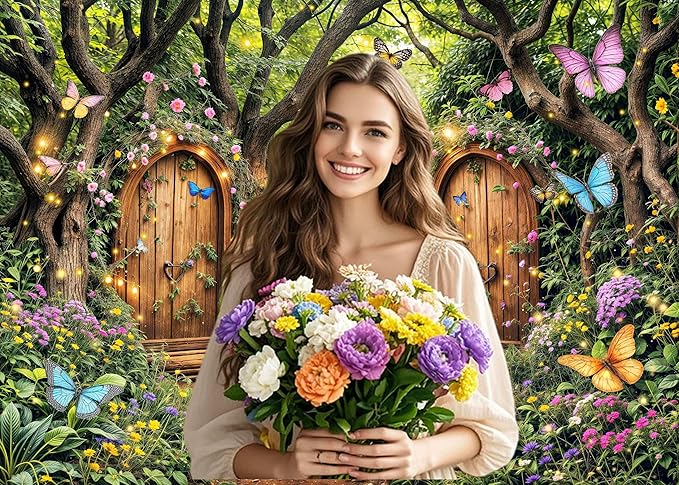 5X3ft Enchanted Forest Backdrop Fairy Tale Green Enchanted Garden Wonderland Floral Butterfly Photography Background for Kids Girl Baby Shower Birthday Party Decoration Banner Booth Props