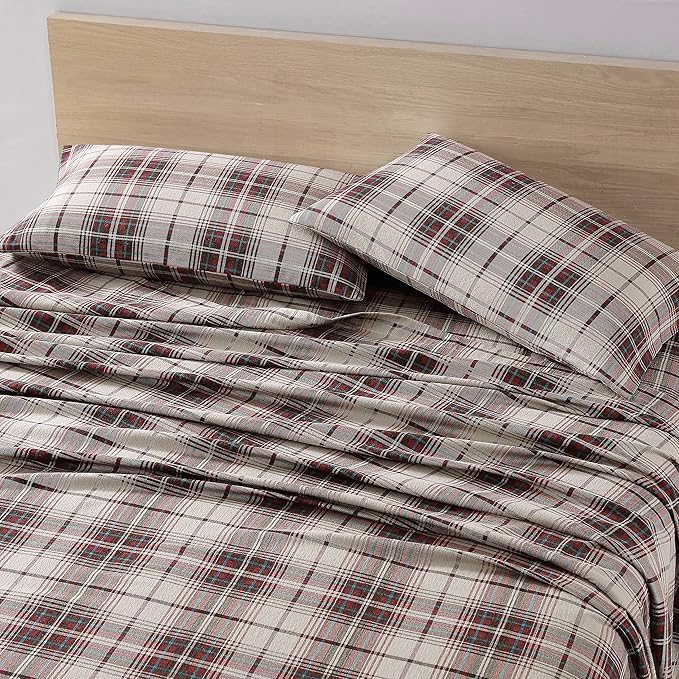 Eddie Bauer - Flannel Sheets Twin Size, Anti-Pilling & Wrinkle Resistant Cotton, Touchably Soft for All-Season Comfort - Bed Sheets with Matching Pillowcases & Fitted Sheet (Montlake Plaid Red)