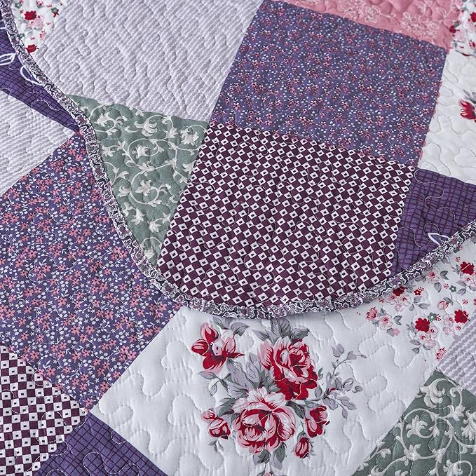 HoneiLife Quilt Set Twin Size - 2 Piece Microfiber Quilts Reversible Bedspreads Patchwork Coverlets Floral Bedding Set All Season Quilts with Geometric and Little Rose Print Pattern，Purple