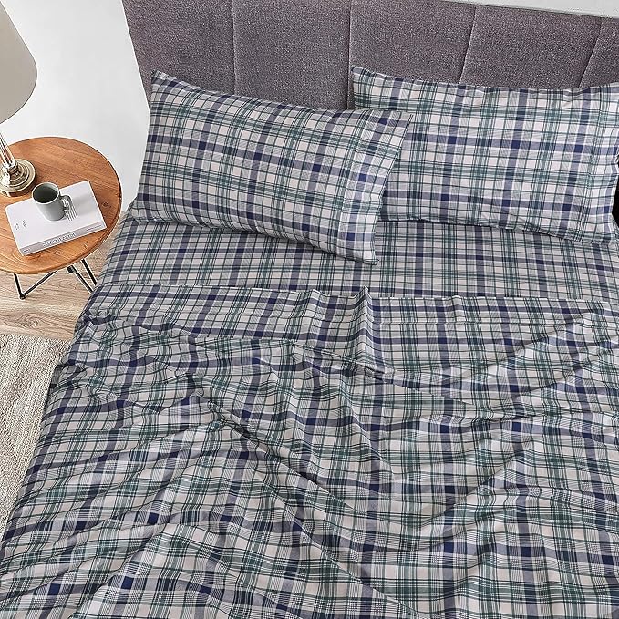 RUVANTI 100% Cotton California King Sheet Sets, 4 Pieces, Soft & Breathable Percale Weave Bedding, Deep Pocket 14", Hotel Standard, Crisp Cool Feel & Durable, Perfect Sheets, Greenish Blue Plaid