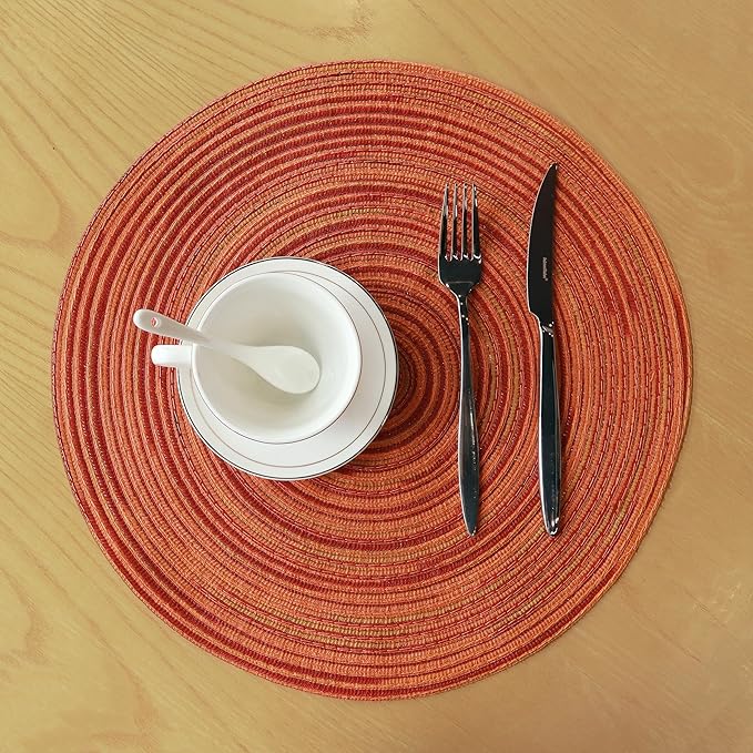 Youyi Better Lifes Round Braided Placemats Set of 8 Colorful Washable Durable Placemats Non-Slip 15 Inch Red-Orange Woven Table Mats for Dining Tables Holiday Party Decoration