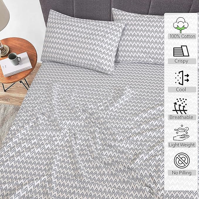 RUVANTI 100% Cotton King Size Sheets Set, 4 Pieces, Soft & Breathable Percale Weave Bedding, Deep Pocket 16", Hotel Standard, Crisp Cool Feel, Durable, Perfect Floral Bed Sheet, Chevron