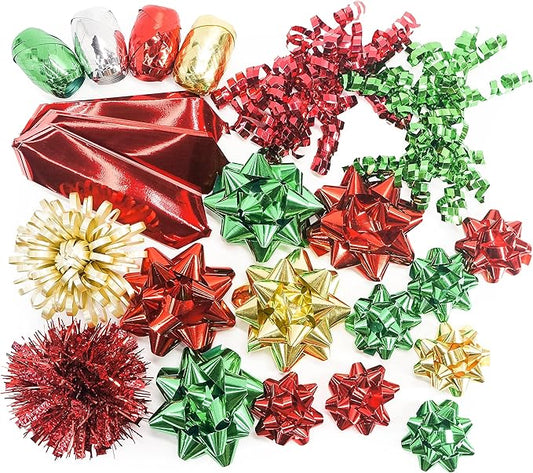CT CRAFT LLC Gift Bows 22 PCS Set Multi Colored Assorted - Bow x 18 pcs + Kegg Roll x 4 pcs - Red/Gold/Green, Holiday Christmas Birthday Party Wrapping