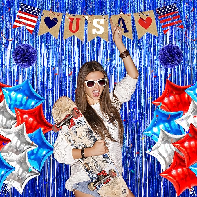 Foil Fringe Curtains Party Decorations - Melsan 3 Pack 3.2 x 8.2 ft Tinsel Curtain Party Photo Backdrop for Independence Day Decorations Birthday Party Baby Shower or Graduation Navy