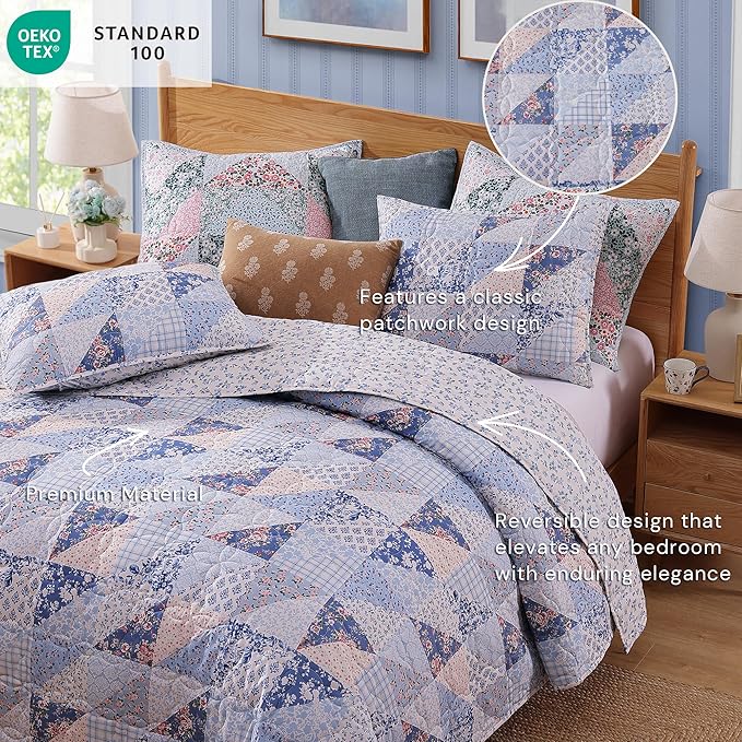 Quilt Set King Size, Patchwork Blue Pink Marigold Floral Quilt Sets, Reversible Bedspread Lightweight and Breathable for All Seasons, Soft Quilted Bedspread with 2 Pillow Shams