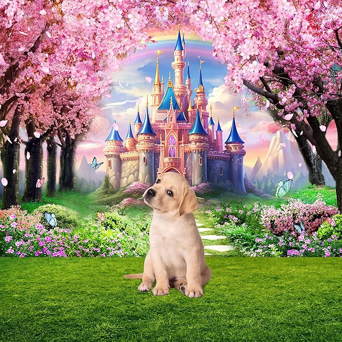 Riyidecor Princess Castle Backdrop Rainbow Pink Sakura Flowers Floral Fantasy Fairy Tale Wonderland 7Wx5H Feet Photography Background Birthday Wedding Party Photo Studio Shoot Polyester Fabric