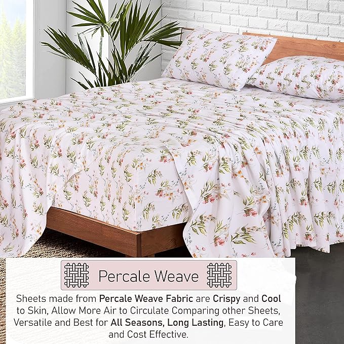 RUVANTI 100% Cotton Full Size Bed Sheets, 4 Pieces, Soft & Breathable Percale Weave Bedding, Deep Pocket 16", Hotel Standard, Crisp Cool Feel, Durable, Perfect Sheet Set Floral, Floral Bliss