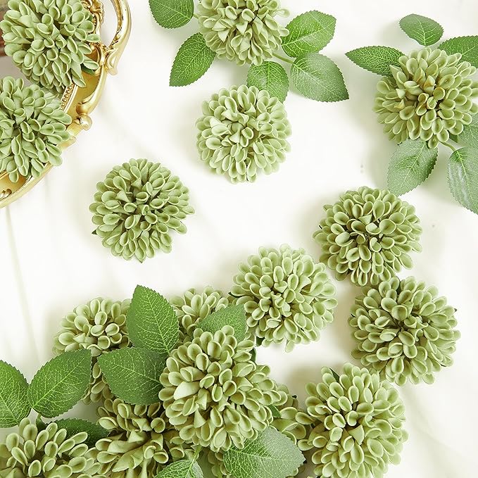 Artificial Flowers, 100pcs Artificial Rose for DIY Wedding Bouquets Centerpieces Arrangements, Elf Green Dahlia Flowers with Stem for Bridal Shower Party Home Decorations