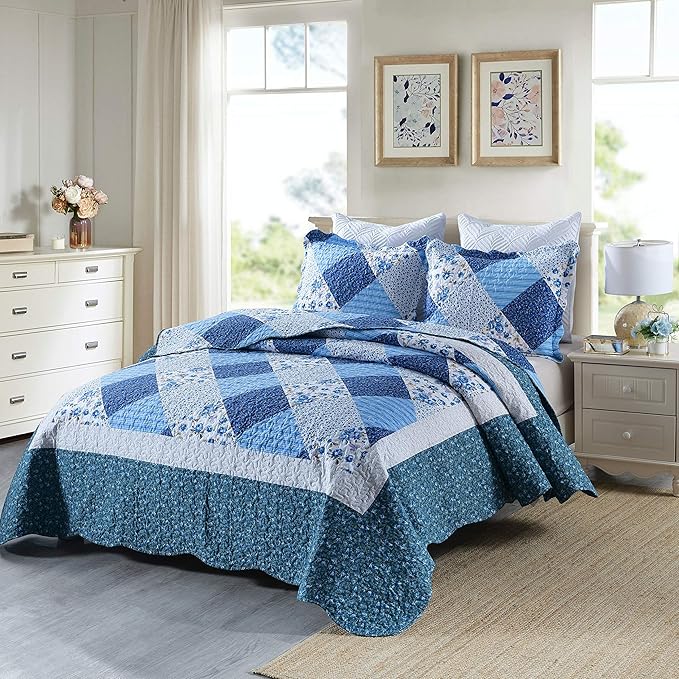 Travan Bedspread Quilt Sets 3-Piece Lightweight Coverlet Set with Shams Reversible Quilted Bedding Set, Blue Floral Patchwork, King Size