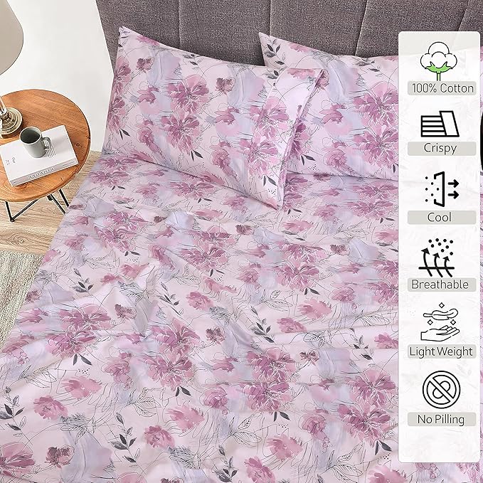 RUVANTI 100% Cotton Split King Sheets Sets for Adjustable Bed, 5 PCs, Soft & Breathable Percale Weave Bedding, Deep Pocket 16", Hotel Standard, Crisp Cool Feel & Durable, Floral Sheet, Lilac Floral