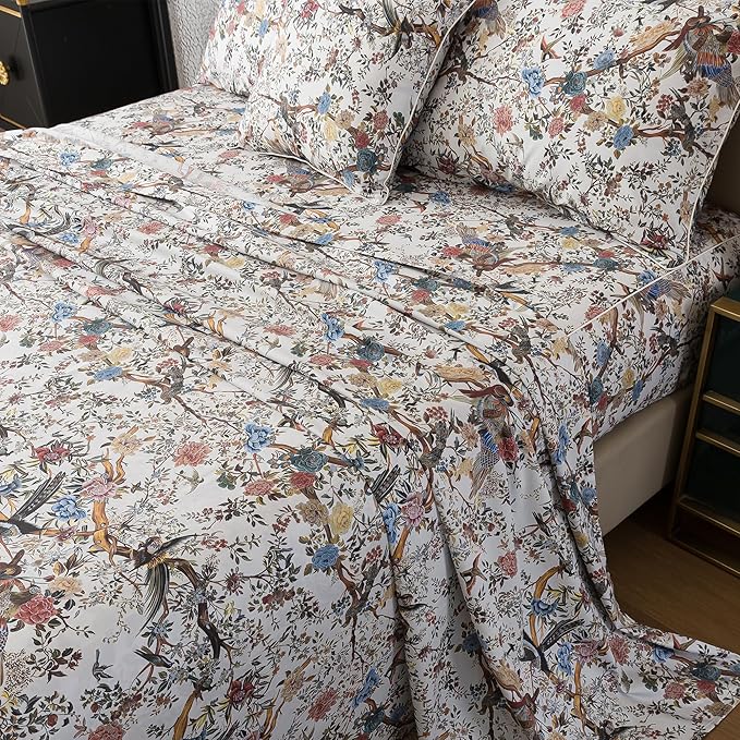 FADFAY Sheets Set Twin Botanical Bird Floral Bed Sheets Set Vintage Mocha Mousse Farmhouse Bedding Shabby Branches Bedding 100% Egyptian Cotton Breathable Soft 17.7" Deep Pocket 4Pcs, Twin Size