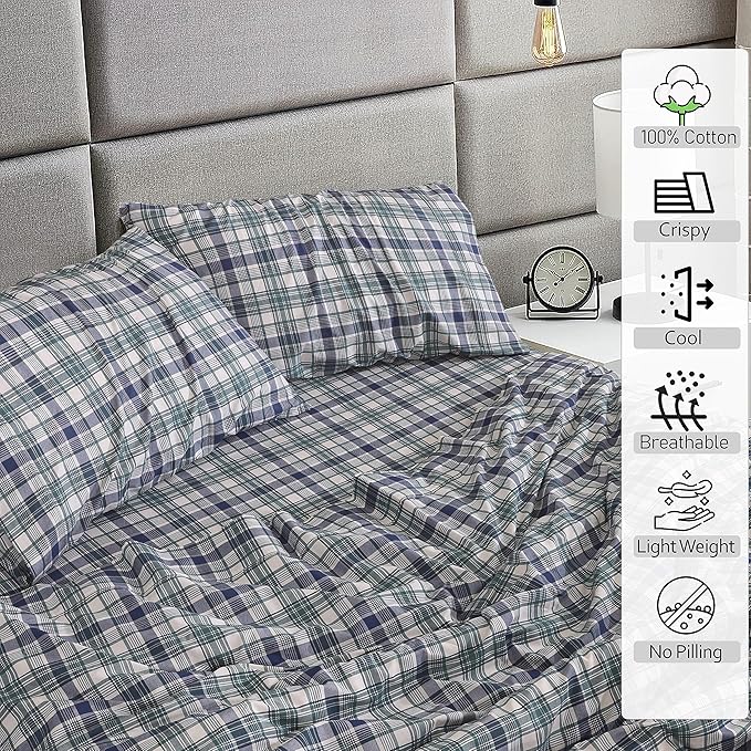 RUVANTI 100% Cotton King Size Sheets Set, 4 Pieces, Soft & Breathable Percale Weave Bedding, Deep Pocket 16", Hotel Standard, Crisp Cool Feel, Durable, Perfect Plaid Bed Sheet, Greenish Blue Plaid