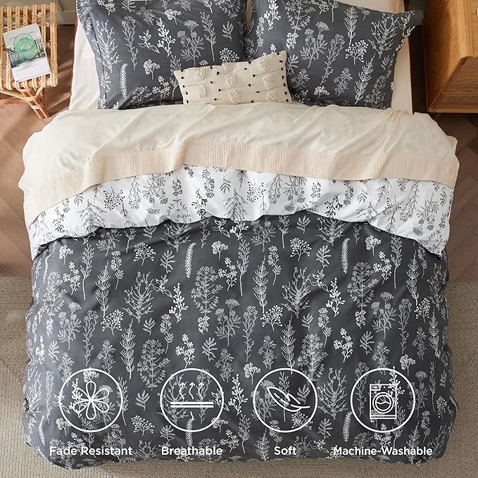 Bedsure Duvet Cover King Size - Reversible Dark Grey King Duvet Cover Set with Zipper Closure, 3 Pieces Floral Patterned Bedding Set with 8 Corner Ties and 2 Pillow Shams