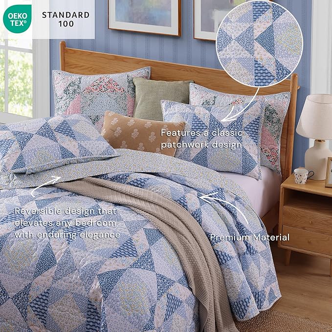 Quilt Set Twin Size, Patchwork Blue Marigold Floral Quilt Sets, Reversible Bedspread Lightweight and Breathable for All Seasons, Soft Quilted Bedspread with 1 Pillow Sham