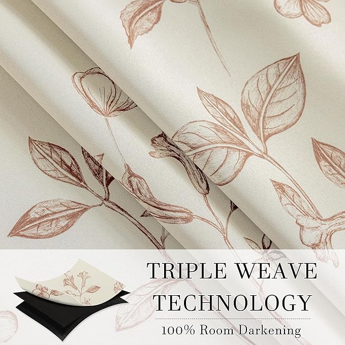 ChrisDowa Beige 100% Blackout Floral Curtains 84 Inches Long 2 Panels for Bedroom Living Room Brown Flower Patterned Room Darkening Thermal Insulated Soundproof Grommet Window Treatments Drapes,52X84