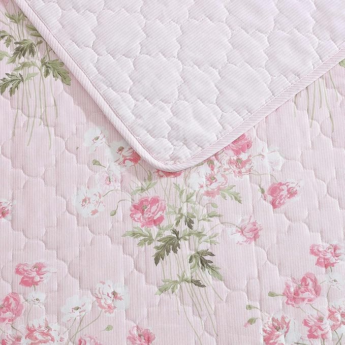 Laura Ashley - Queen Quilt Set, Reversible Premium Bedding with Matching Shams, Coquette Room Decor (Veronicas Bouquet Pink, Queen)