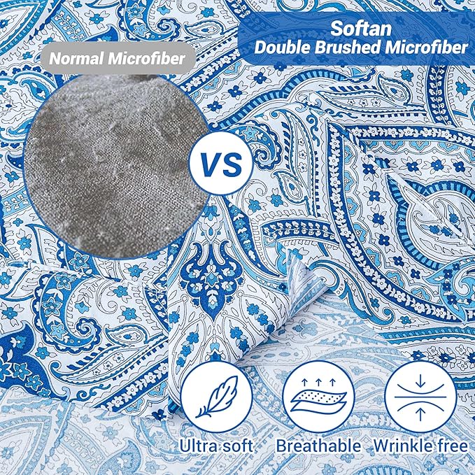 Softan Blue Twin Size Sheet Set, Paisley Printed Bed Sheets for Single Bed, 3-Piece Microfiber Fitted Sheet with 15" Deep Pocket & Non-Slip Straps, Patterned Bedding Sheets & Pillowcase Set