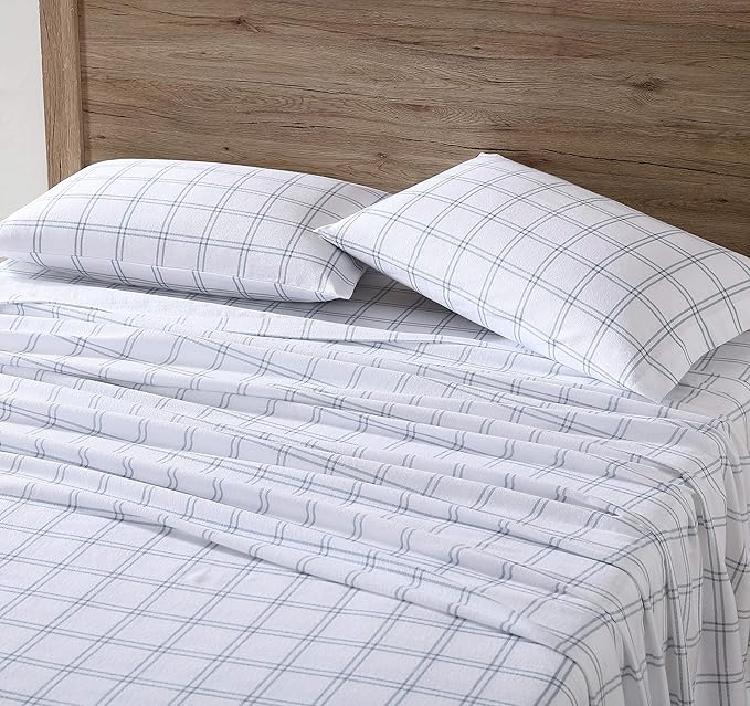 Eddie Bauer - Flannel Sheets Queen Size, Anti-Pilling & Wrinkle Resistant Cotton, Touchably Soft for All-Season Comfort - Bed Sheets with Matching Pillowcases & Fitted Sheet (Westridge Plaid Blue)