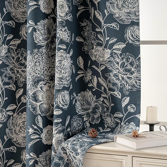 Cortina para Sala Blue Peony Blackout Curtains - Extra Long Floral Curtains, Vintage Blackout Curtains for Home Theater, Cotton Blend Printed Curtains, 52" W x 96" L