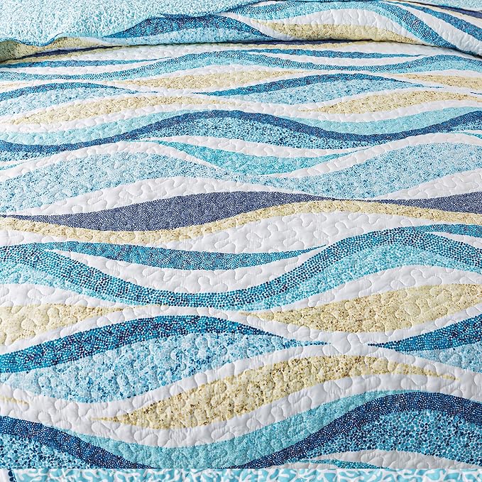 HoneiLife Ocean Quilt Queen Size - 3 Pieces Beach Quilt Sets Coastal Bedspreads Nautical Coverlets Lightweight Bed Cover, Queen Quilt Bedding Set All Season Quilts