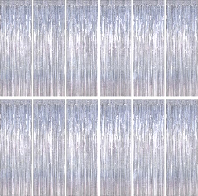 12 Pack Fringe Backdrop, 3.28 FT x 7.08 FT Glitter Silver Tinsel Curtain, Metallic Foil Curtains Party Streamer Disco Backdrop, Silver Party Decorations for New Year Birthday Holiday