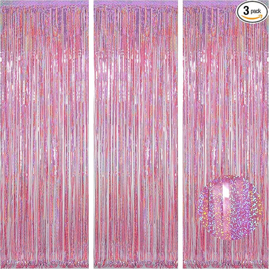 Melsan 3 Pack 3.2 x 8.2 ft Foil Fringe Curtains - Pink Tinsel Curtain Girl Birthday Decorations Photo Backdrop for Party Decoration Engagement or Bachelorette Party Supplies
