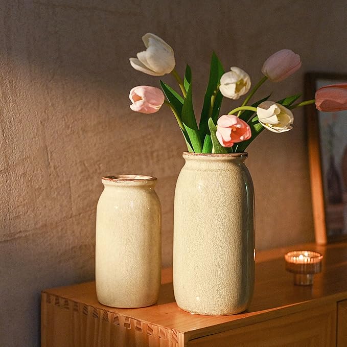 VICTOR & TERESA Rustic Large Green Vase for Home Decor, 10'' Tall Ceramic Vases for Flowers, Farmhouse Decorative Vases for Pampas Grass, Table, Mantel, Living Room, Centerpieces