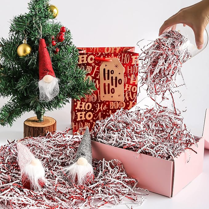 UNIQOOO 1/2 LB Metallic Red White Crinkle Cut Paper, Candy Cane Shredded Filler, Christmas Peppermint Zig Fill Raffia Tissue, Strands Shred Craft Bedding Cushion,Wedding Birthday Gift Boxes Bag Retail