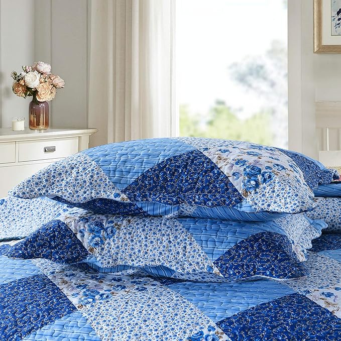 Travan Bedspread Quilt Sets 3-Piece Lightweight Coverlet Set with Shams Reversible Quilted Bedding Set, Blue Floral Patchwork, Queen Size