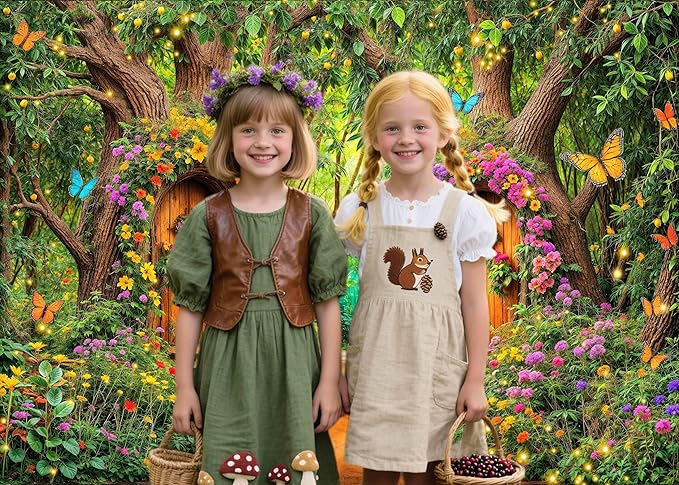 5X3ft Enchanted Forest Backdrop Fairy Tale Green Garden Wonderland Tree House Floral Butterfly Background for Kids Girl Baby Shower Birthday Party Decoration Banner Cake Table Photo Booth Props