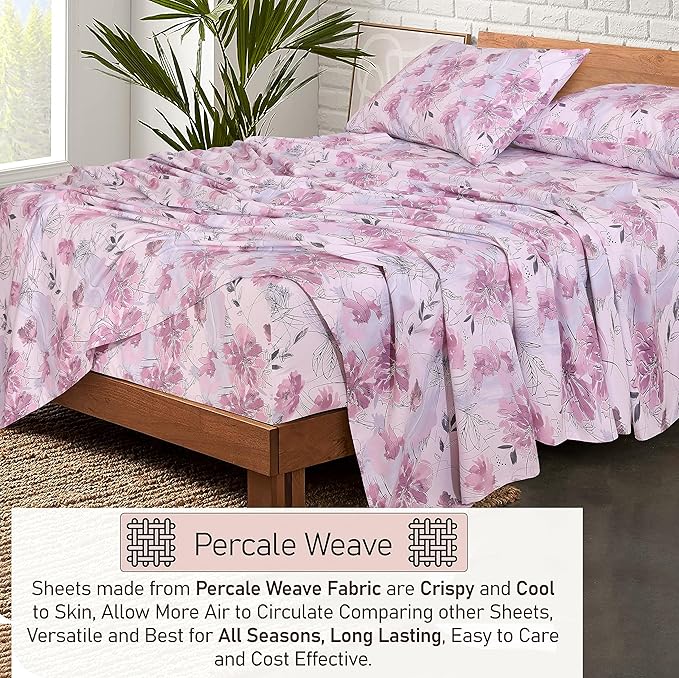 RUVANTI 100% Cotton California King Sheet Sets, 4 Pieces, Soft & Breathable Percale Weave Bedding, Deep Pocket 14", Hotel Standard, Crisp Cool Feel & Durable, Perfect Floral Sheets, Lilac Floral