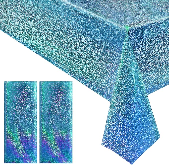2 pcs Light Blue Holographic Plastic Tablecloths Laser Table Covers 40" x 108" Foil Disposable Table Cloths for Party Birthday Wedding Christmas Holiday Party Decorations