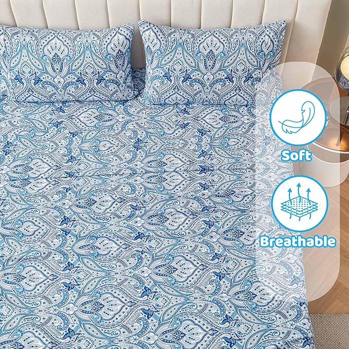Softan Blue Twin Size Sheet Set, Paisley Printed Bed Sheets for Single Bed, 3-Piece Microfiber Fitted Sheet with 15" Deep Pocket & Non-Slip Straps, Patterned Bedding Sheets & Pillowcase Set