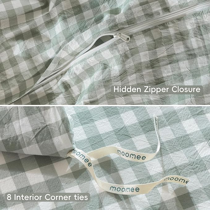 MooMee Gingham Duvet Cover Set 100% Washed Cotton Linen Like Textured Breathable Durable Soft Comfy Modern Checkered Design (Sage Green Gingham, Super Queen 90"x98")