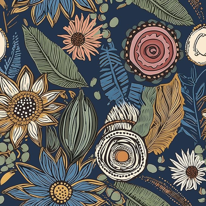 Boho Wallpaper Peel and Stick, Dark Vintage Floral Contact Paper, Retro Botanical Flower Wall Paper Self Adhesive Removable Waterproof for Walls Shelf Cabinet Table 17.5" x 78.7" (Blue,Yellow, Green)