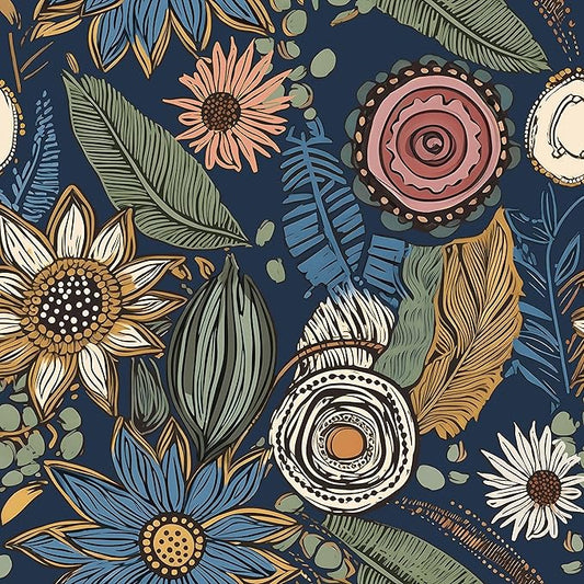 Boho Wallpaper Peel and Stick, Dark Vintage Floral Contact Paper, Retro Botanical Flower Wall Paper Self Adhesive Removable Waterproof for Walls Shelf Cabinet Table 17.5" x 78.7" (Blue,Yellow, Green)