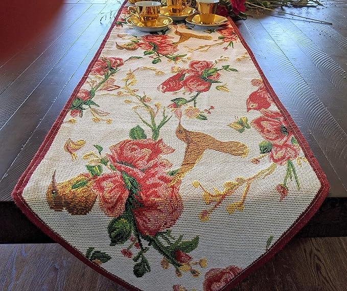 Tache Floral Red Roses Birds Ivory Woven Table Runner - Vintage Tapestry Kitchen Dining Dinner Linens Cloth - 13 x 54 inches